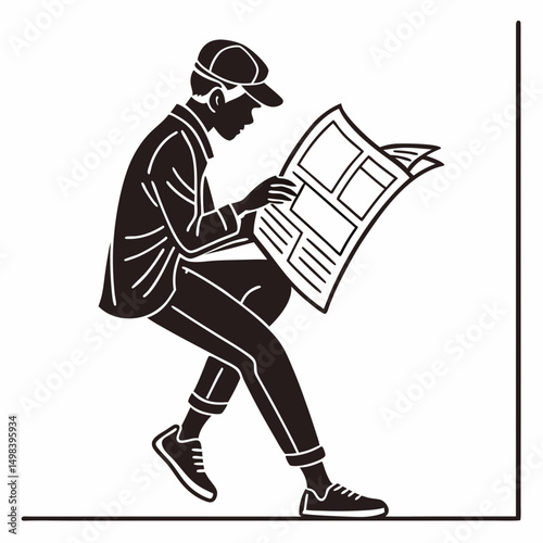 Young man sitting reading newspaper black silhouette