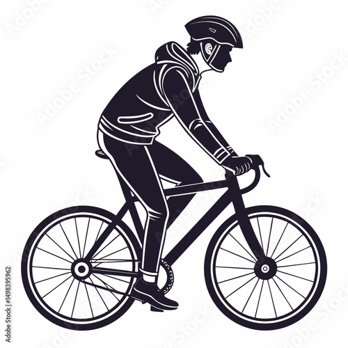 Cyclist riding fixie bike urban street scene