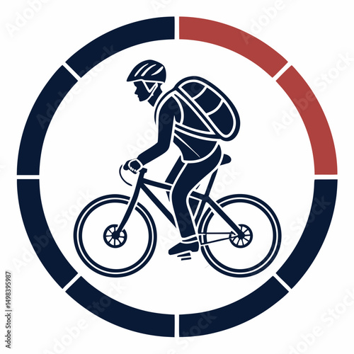 Cyclist with backpack riding bicycle circular design