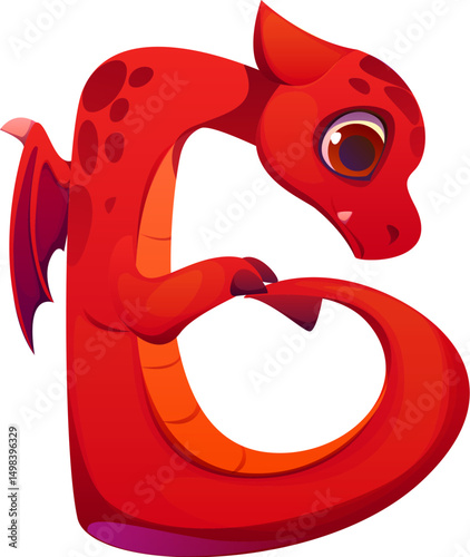 Fairy red dragon character font letter B. Red reptile English alphabet typeset element, fantasy animal cartoon vector type sign. Monster personage kids ABC letter or Asian dragon character font symbol