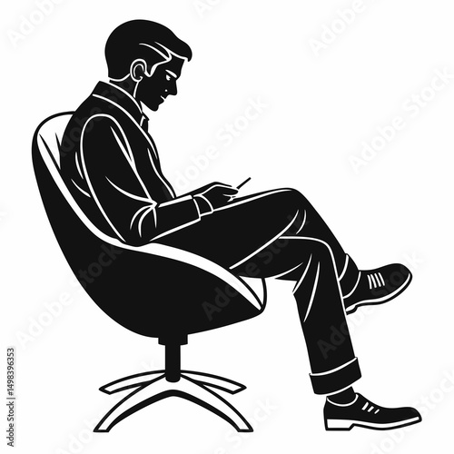 Businessman sitting modern chair using device