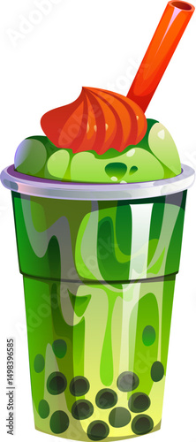 Cartoon bubble tea glass with green milk drink and black tapioca pearls. Vector beverage cup with whipped topping and red straw. Sweet Asian boba refreshing sweet drink in transparent disposable mugV