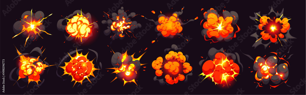 Bomb blast explosion effect, cartoon boom clouds, comic fire and smoke. Vector dynamite danger explosive detonation for comic books or video games. Fiery bursts, atomic war, fireballs attack or impact