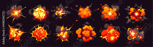 Bomb blast explosion effect, cartoon boom clouds, comic fire and smoke. Vector dynamite danger explosive detonation for comic books or video games. Fiery bursts, atomic war, fireballs attack or impact