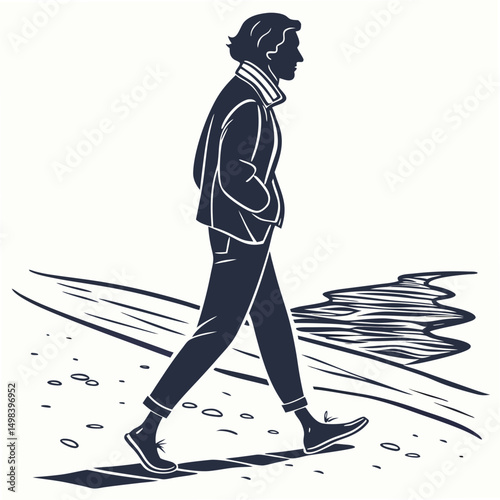 Man walking on beach, stylish silhouette, transparent png