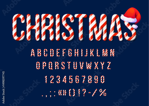 Candy cane font, Christmas type and lollipop typeface, Xmas holiday caramel alphabet, vector ABC. Christmas sweets typeface or caramel type of candy cane red stripes for winter holiday New Year font
