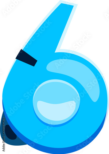 Cartoon number six as blue trainer whistle, sport font, soccer and football typeface, funny kids alphabet. Isolated vector sporty math 6 symbol for children games, education and arithmetic learning