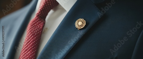 Close-up of a navy blue suit jacket, a white dress shirt, and a red patterned tie. A light-colored lapel pin is affixed to the jacket