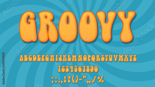 Groovy font, groovy type, hippie typeface, retro funky alphabet vector characters. Hippy abc letters, numbers and punctuation marks on psychedelic purple spiral pattern background, vintage typography