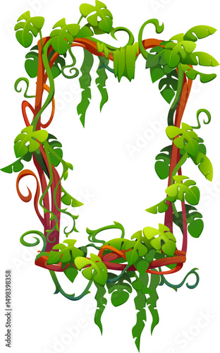 Jungle tropical forest liana green leaves frame with lush exotic plants. Cartoon vector rectangular border template. Game rainforest background with thickets, tree branches vines, and green foliage