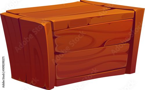 Cartoon pirate treasure chest icon, wooden crate box. Isolated vector gui trunk made of planks with worn texture. Wooden cargo chest for gold, loot, supply, mysterious treasure in retro adventure game