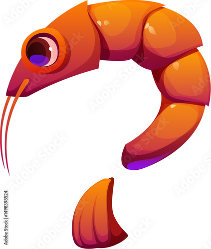 Cartoon underwater font shrimp punctuation question mark. Underwater wildlife latin font punctuation sign, ocean creature isolated vector typeset special symbol or sea nature English alphabet element