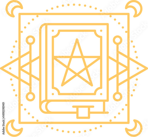 Esoteric Tarot card line symbol or mystic Boho tattoo ornament, vector occult sign. Tarot cards esoteric line symbol of magic star and spell book with celestial crescent moon and magic occult signs