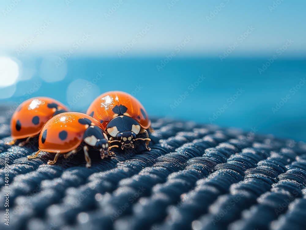 Obraz premium Bright orange ladybugs gather on a textured black surface illuminated by warm sunlight with a serene ocean and vibrant blue sky creating a tranquil summer atmosphere