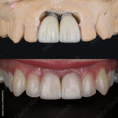 Treatment of front incisors with dental implants through oral surgery. Implant treatment of anterior aesthetic zone with E-Max and zirconia porcelain. Dental before after.

