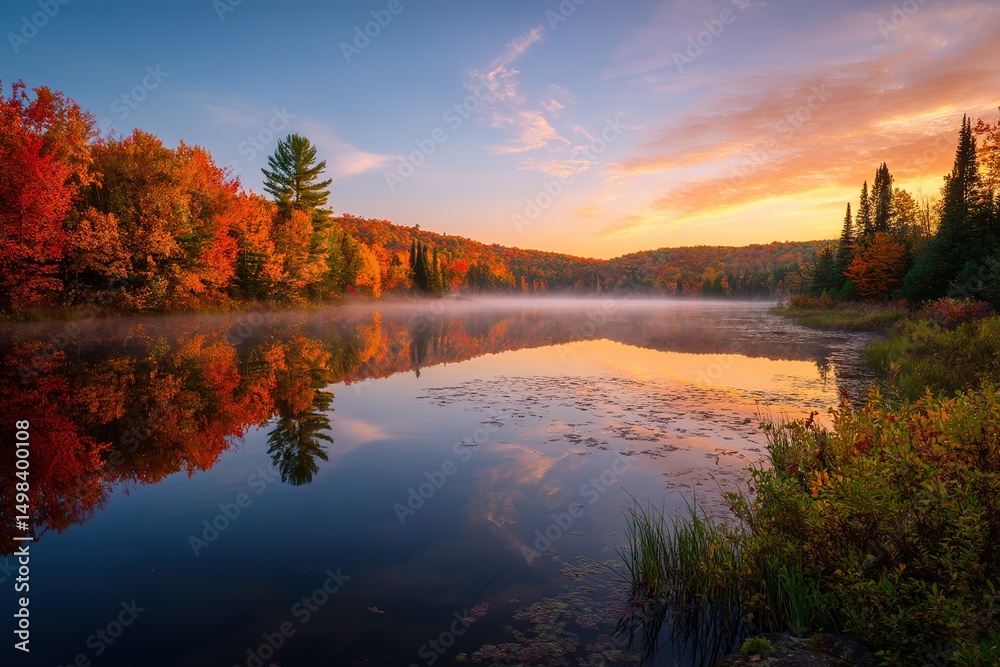 Fototapeta premium Autumn Lake Sunrise Reflection