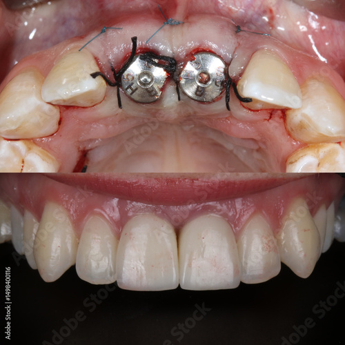 Fényképezés Treatment of front incisors with dental implants through oral surgery
