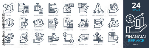 Financial Service Icons set vector illustration. Containing financial, budgeting, wealth, accounting, banking and more. Simple outline icons collection.