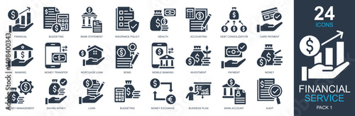 Financial Service Icons set vector illustration. Containing financial, budgeting, wealth, accounting, banking and more. Simple glyph icons collection.
