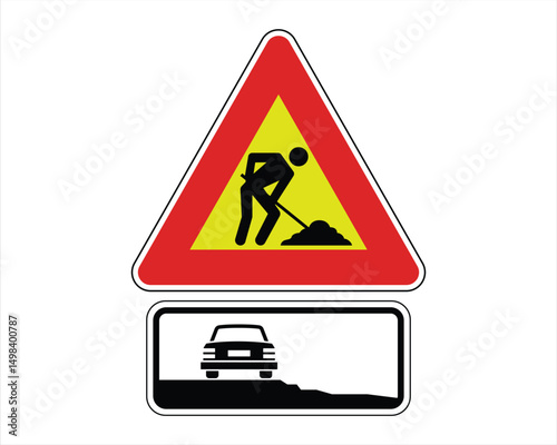 Caution – Dangerous Shoulder Due to Roadwork – High Quality Stock Vectorial Image