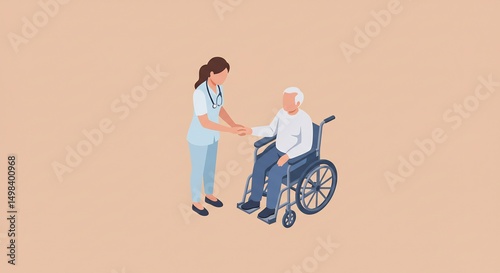 Nurse Assisting Senior Man in Wheelchair Isometric Illustration