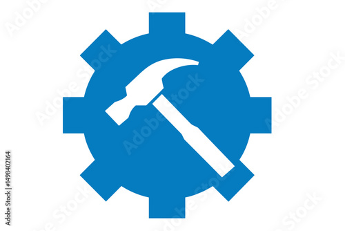 Blue Gear with White Hammer Icon vector art logo 