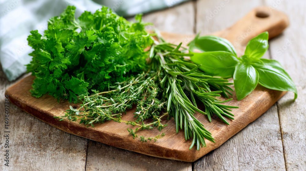 Fresh herbs including basil, rosemary, thyme, and lettuce are beautifully arranged on wooden cutting board, showcasing vibrant green colors and natural textures, perfect for culinary use Fresh herbs including basil, rosemary, thyme, and lettuce are beautifully arranged on wooden cutting board, showcasing vibrant green colors and natural textures, perfect for culinary use