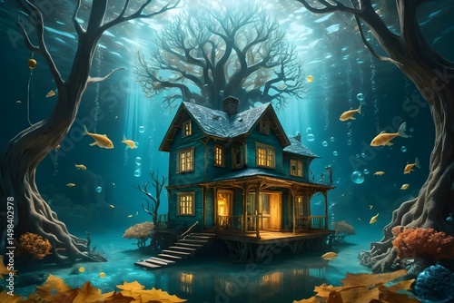AI-generated surreal underwater forest: glowing coral-trees, a floating wooden house with frozen books, a child in a spacesuit reading light, octopus shadows, and galaxy-filled bubbles under gold silk