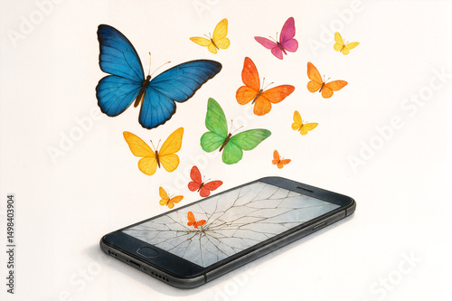 Butterflies Emerging from a Cracked Smartphone