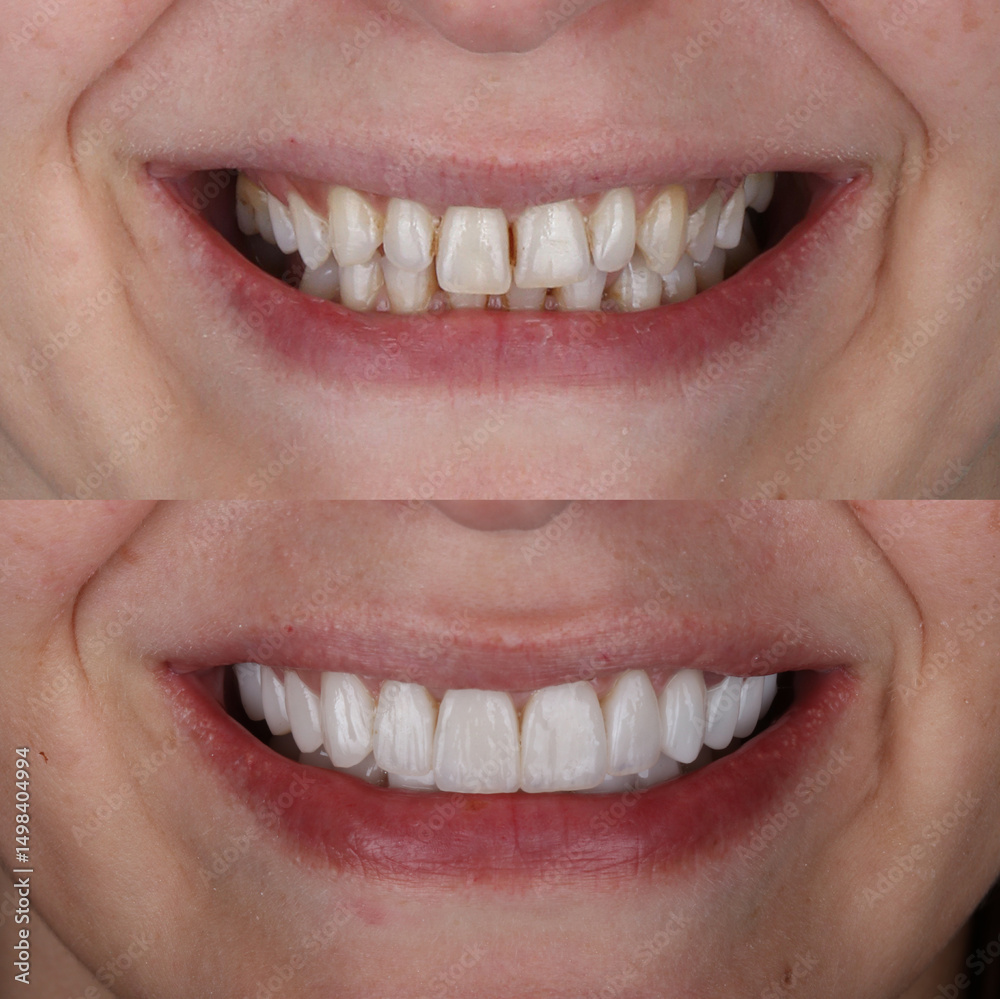 Fototapeta premium Treatment of all teeth in the mouth with porcelain crowns in dentistry. Smile design treatment. Smile makeover with digital dentistry. Dental before after.
