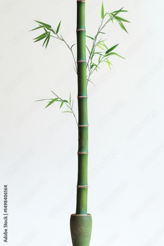 Obraz premium Single tall green bamboo stalk with sparse slender leaves in a simple pot against a plain white background