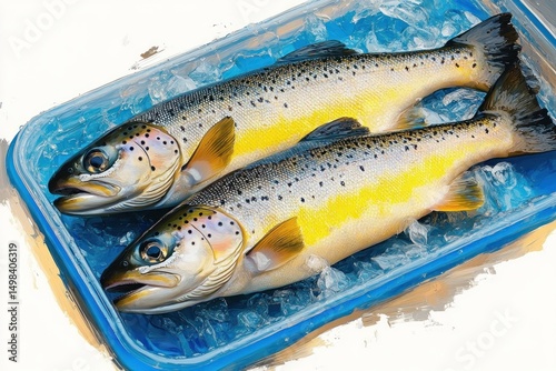 Two fresh whole fish laying on a bed of crushed ice inside a blue plastic container