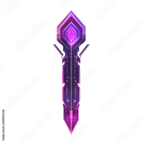 Futuristic Arrow with Innovative Details in Neon Purple Isolated on Transparent Background