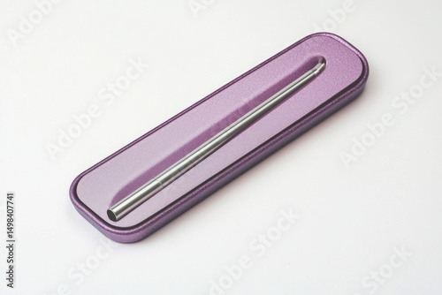 A set of reusable metal straws in a sleek case