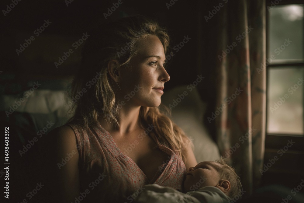 Fototapeta premium Young caucasian female with baby looking out window, soft light, peaceful moment