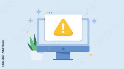 Computer Warning Alert – Monitor Displaying Yellow Exclamation Symbol for System Error or Online Risk Notification