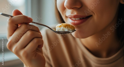 Woman Eating Yogurt with Spoon for Healthy Lifestyle Snack