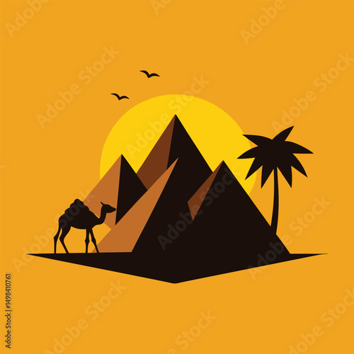 Wüstenlandschaft Silhouette Palmen Kamel Pyramiden vector art