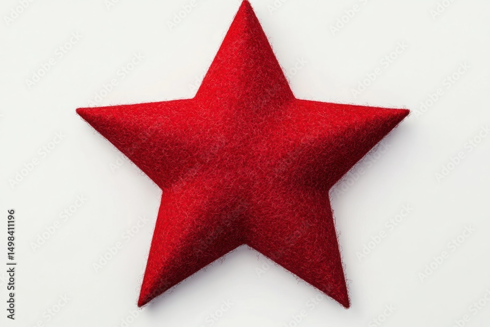 Fototapeta premium Close-up of a textured red five-pointed star with a soft, fibrous surface on a white background