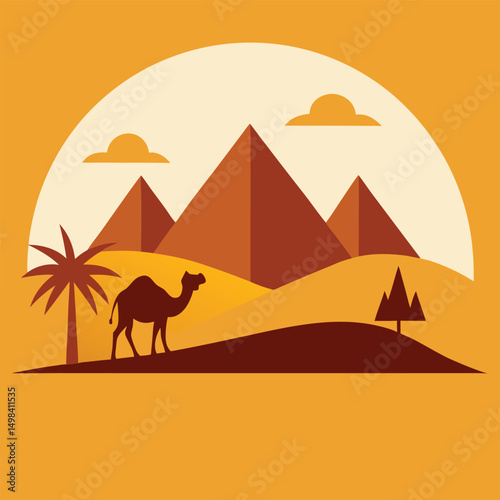 Wüstenlandschaft Silhouette Palmen Kamel Pyramiden vector art