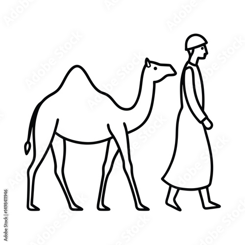 young arab guy walking his camel trough desert vector art 