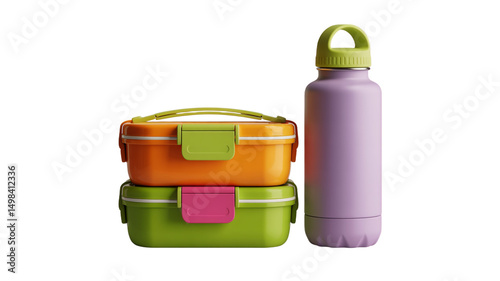 Two stacked lunchboxes and a purple water bottle on a light pink background