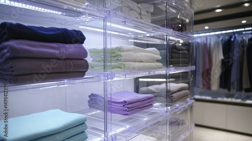 Clear acrylic display shelving, filled with folded clothing in various colors