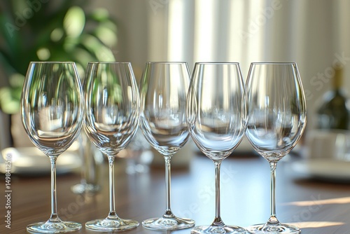 A set of sparkling clean wine glasses on a dining table