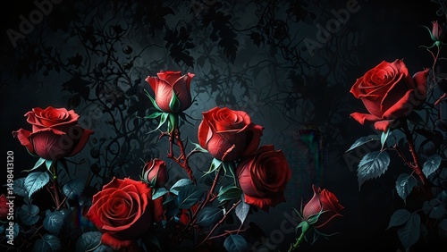 Dark Fantasy Floral Wallpaper with Glowing Red Roses, Gothic Backdrop