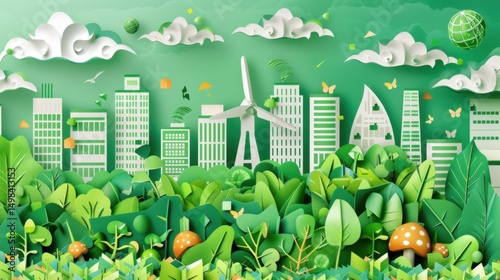 Green Cityscape with Wind Turbine and Nature Integration