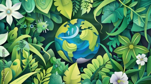 Earth Surrounded by Lush Greenery and Flowers