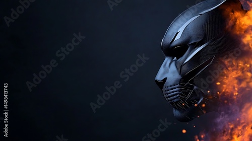 Black panther mask emerging from fiery background, symbolizing strength and power in art
