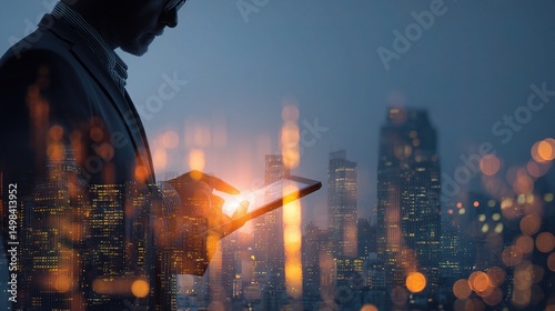 Professional Analyst Working on Tablet with Urban City Background