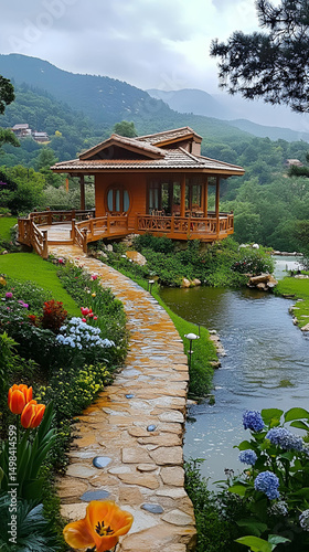 Japanese culture embraces tranquil nature in a summer morning garden with traditional architecture and a serene pond